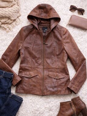 a.n.a Brown Genuine Leather Hooded Jacket Moto Utility Y2K Medium
